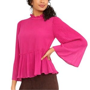 Ann Taylor Pink Pleated Peplum Blouse XS Ruffle Mock Neck Bell Sleeves